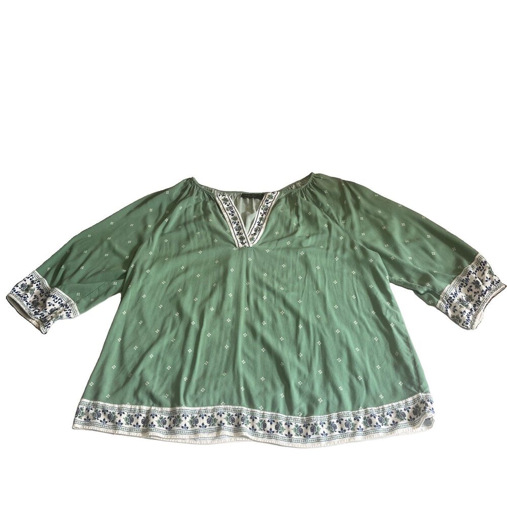 Lane Bryant Blouse Womens 18/20 Green Floral Print Trim V Neck Rayon Boho Artsy